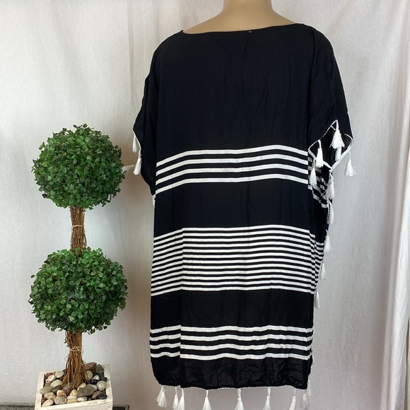 C&T Beach Black & White Striped Fringe Trim Short Sleeve Swim Cover Up L - Picture 3 of 5